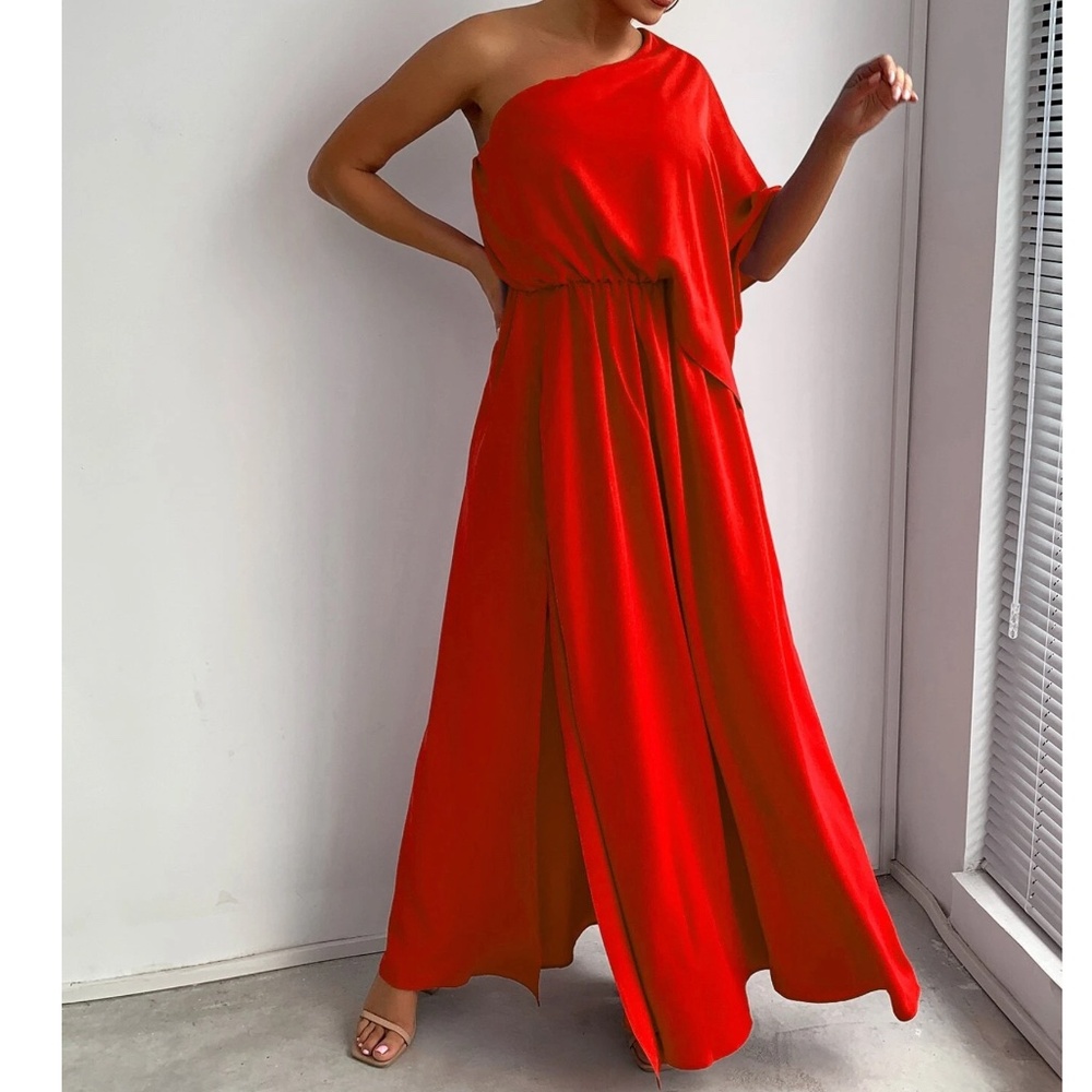 Luxe Red One Shoulder Solid Party Wedding Prom Dress